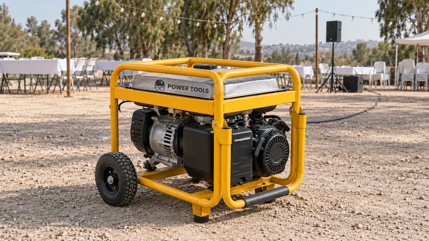 גנרטור במסגרת צהובה באזור שירות פתוח, כשברקע שולחנות, כיסאות וציוד הגברה לאירוע