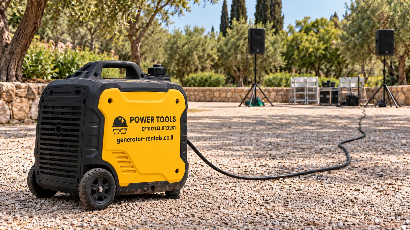 גנרטור אינוורטר נייד עם מיתוג POWER TOOLS וכתובת אתר ההשכרה, לצד ציוד הגברה לאירוע בשטח פתוח